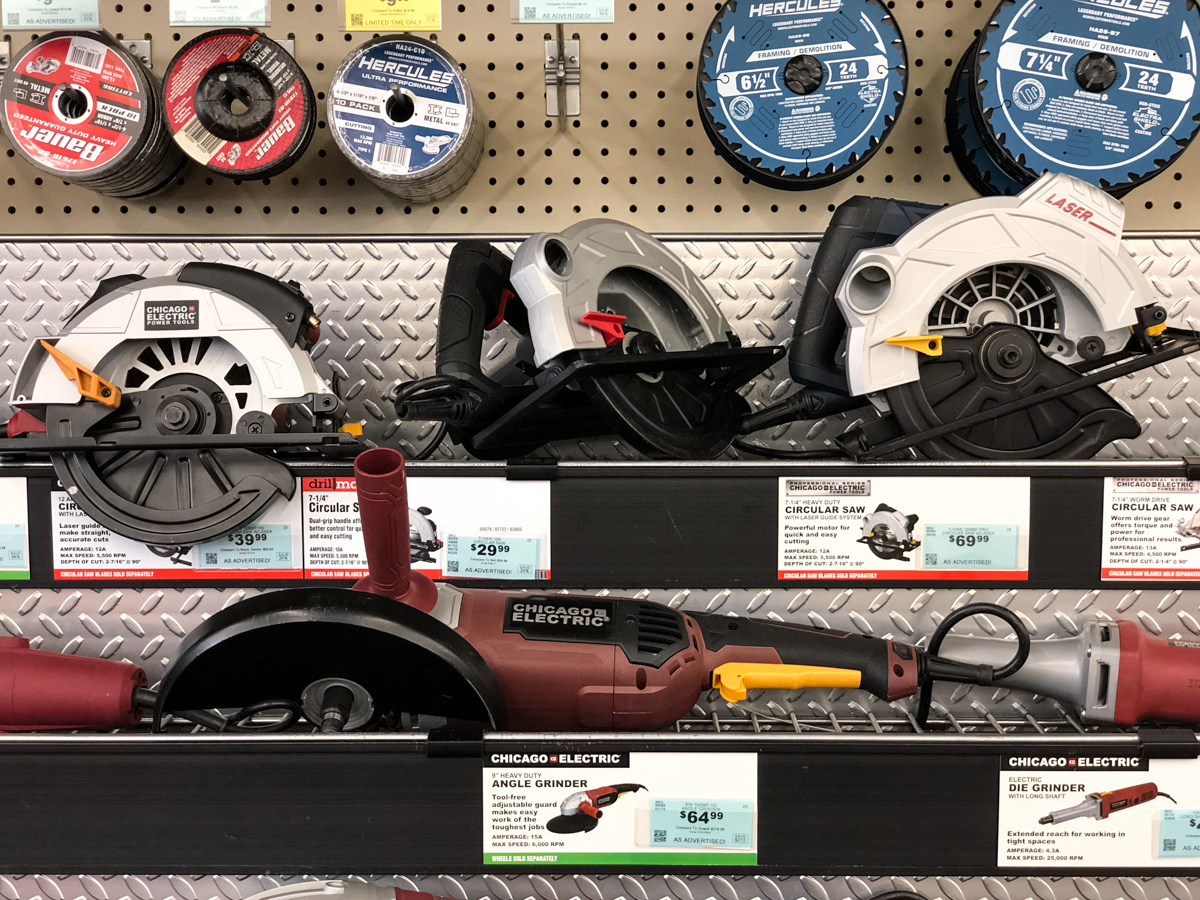 handheld power tools on a store shelf